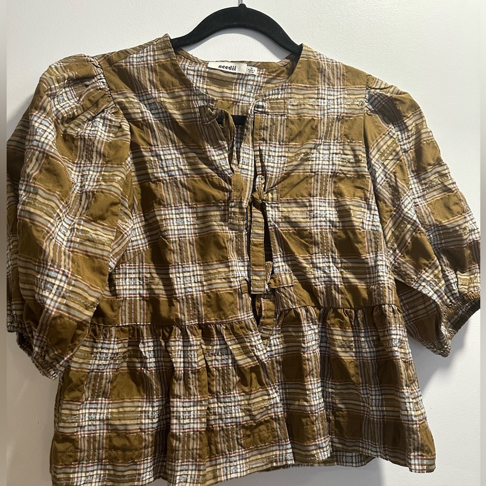 Needii Tan Blouse with 3/4 Sleeves and Peplum